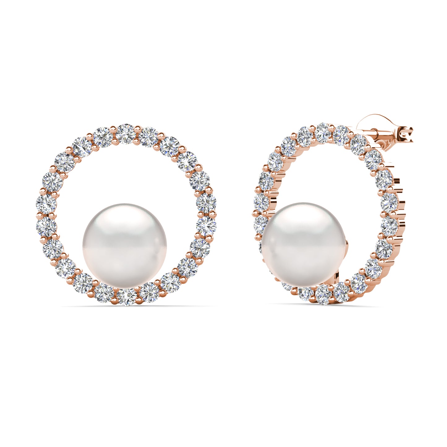 Halo Pearl Earrings ME217 WG RG Cyncerity Jewelry with Moissanite, 925 Sterling Silver